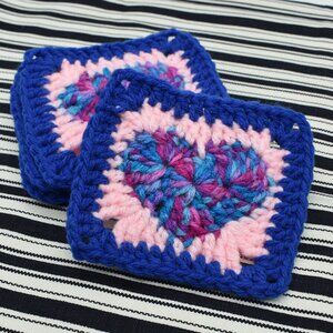 Hand Crafted Heart Coasters Crochet Valentines Day Granny Squares Set of Four